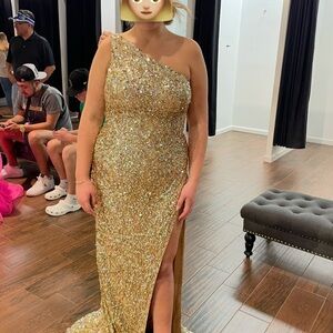 Sherri Hill Glittering Gold One-Shoulder Dress